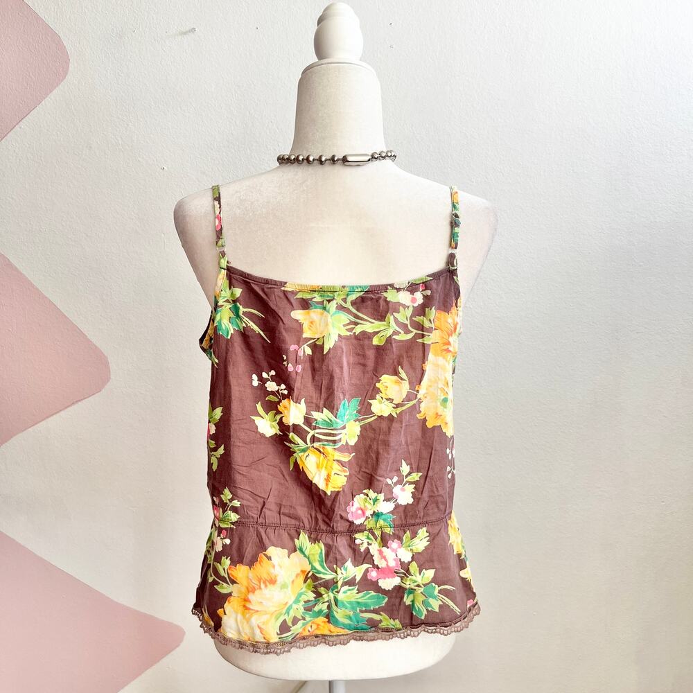 Brown Floral Lace Trim Tank Top Y2K 2000s Cottagecore Boho Vintage Medium - Picture 2 of 4
